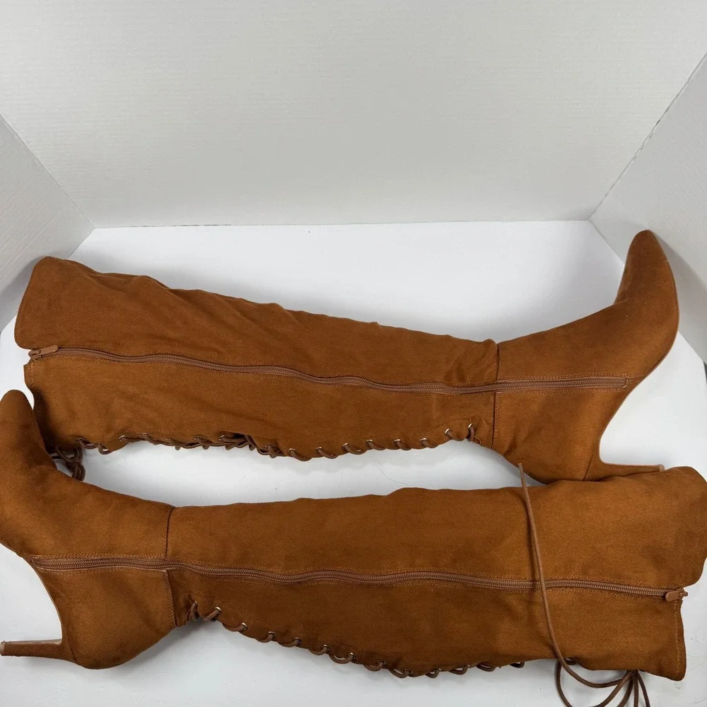 Torrid Women 9WW Cognac Brown Faux Suede Over The Knee Lace Up Wide Calf Boots
